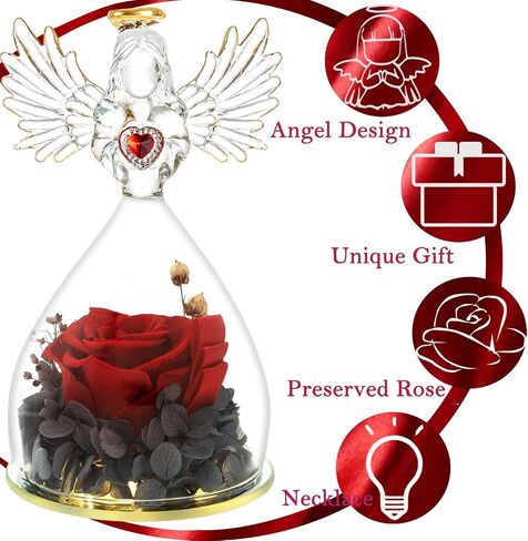 Mothers Day Rose Gifts for Women Mom Grandma Wife,Glass Angel Figurines with LED Light,Preserved Flowers Purple Real Rose Necklace in Saudi Arabia