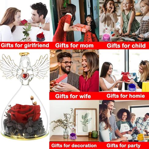 Mothers Day Rose Gifts for Women Mom Grandma Wife,Glass Angel Figurines with LED Light,Preserved Flowers Purple Real Rose Necklace in Saudi Arabia