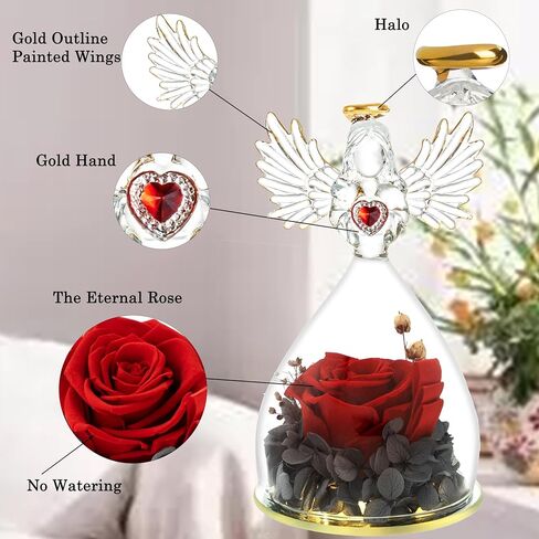 Mothers Day Rose Gifts for Women Mom Grandma Wife,Glass Angel Figurines with LED Light,Preserved Flowers Purple Real Rose Necklace in Saudi Arabia