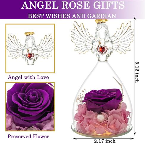 Mothers Day Rose Gifts for Women Mom Grandma Wife,Glass Angel Figurines with LED Light,Preserved Flowers Purple Real Rose Necklace in Saudi Arabia