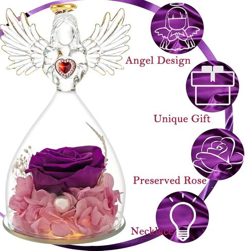 Mothers Day Rose Gifts for Women Mom Grandma Wife,Glass Angel Figurines with LED Light,Preserved Flowers Purple Real Rose Necklace in Saudi Arabia