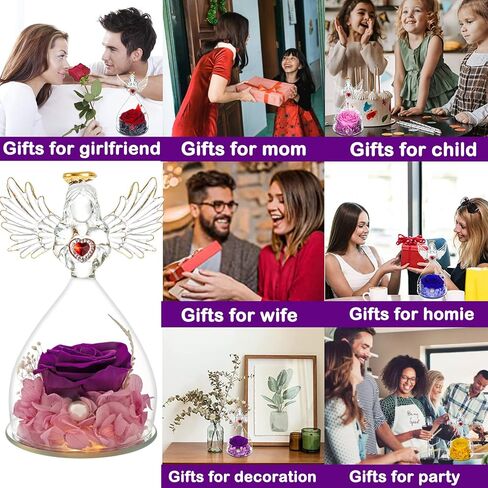 Mothers Day Rose Gifts for Women Mom Grandma Wife,Glass Angel Figurines with LED Light,Preserved Flowers Purple Real Rose Necklace in Saudi Arabia