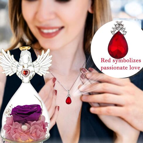 Mothers Day Rose Gifts for Women Mom Grandma Wife,Glass Angel Figurines with LED Light,Preserved Flowers Purple Real Rose Necklace in Saudi Arabia