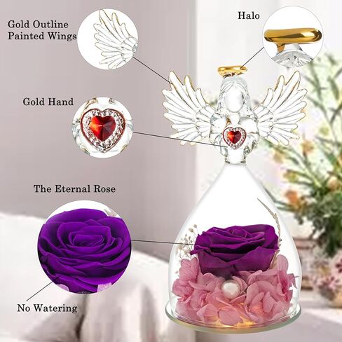 Mothers Day Rose Gifts for Women Mom Grandma Wife,Glass Angel Figurines with LED Light,Preserved Flowers Purple Real Rose Necklace in Saudi Arabia