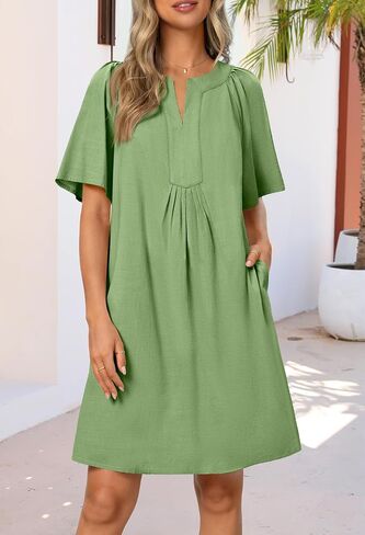 MEROKEETY Women's Summer Casual Mini Dresses Flutter Short Sleeve V Neck Shift Tunic Dress with Pockets in Saudi Arabia
