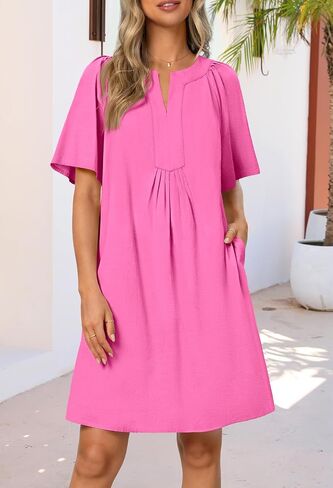 MEROKEETY Women's Summer Casual Mini Dresses Flutter Short Sleeve V Neck Shift Tunic Dress with Pockets in Saudi Arabia