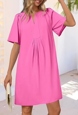MEROKEETY Women's Summer Casual Mini Dresses Flutter Short Sleeve V Neck Shift Tunic Dress with Pockets in Saudi Arabia