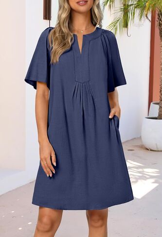 MEROKEETY Women's Summer Casual Mini Dresses Flutter Short Sleeve V Neck Shift Tunic Dress with Pockets in Saudi Arabia