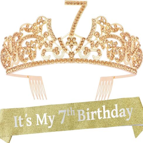وشاح وتاج عيد الميلاد السابع للفتيات من VeryMerryMakering - وشاح لامع رائع + تاج معدني فاخر من حجر الراين الذهبي للفتيات، هدايا عيد الميلاد السابع لحفلة الأميرة in Kuwait