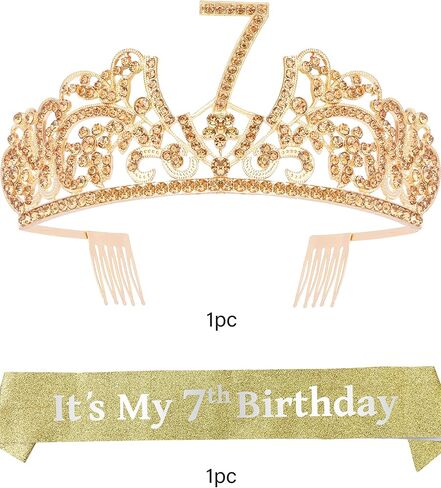 وشاح وتاج عيد الميلاد السابع للفتيات من VeryMerryMakering - وشاح لامع رائع + تاج معدني فاخر من حجر الراين الذهبي للفتيات، هدايا عيد الميلاد السابع لحفلة الأميرة in Kuwait