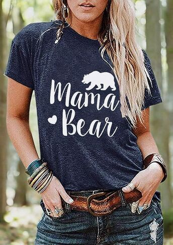 Women Mama Bear Graphic T-Shirts Summer Crew Neck Letter Print Short Sleeve Comfy Blouses Tees in Saudi Arabia