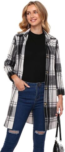Women's Flannel Plaid Shacket Jacket Long Sleeve Button Down Shirts With Belt Tartan Trench Casual Coats Winter in Saudi Arabia