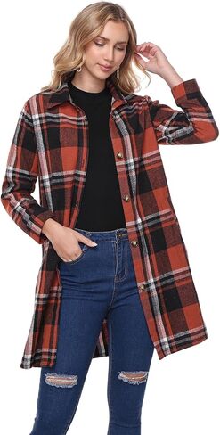 Women's Flannel Plaid Shacket Jacket Long Sleeve Button Down Shirts With Belt Tartan Trench Casual Coats Winter in Saudi Arabia