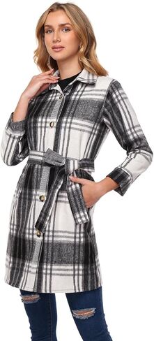 Women's Flannel Plaid Shacket Jacket Long Sleeve Button Down Shirts With Belt Tartan Trench Casual Coats Winter in Saudi Arabia