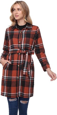 Women's Flannel Plaid Shacket Jacket Long Sleeve Button Down Shirts With Belt Tartan Trench Casual Coats Winter in Saudi Arabia