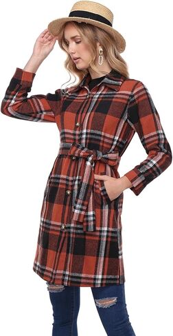 Women's Flannel Plaid Shacket Jacket Long Sleeve Button Down Shirts With Belt Tartan Trench Casual Coats Winter in Saudi Arabia