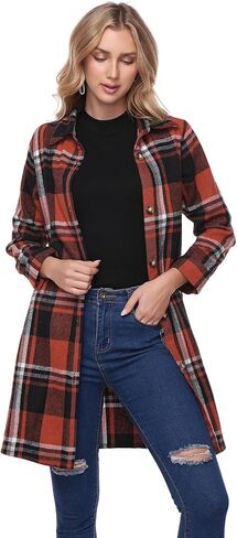 Women's Flannel Plaid Shacket Jacket Long Sleeve Button Down Shirts With Belt Tartan Trench Casual Coats Winter in Saudi Arabia
