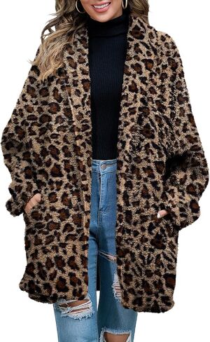 Zilcremo Women Oversized Fleece Cardigan Open Front Sherpa Jacket Lapel Long Sleeve Fuzzy Cardigan Outwear Coat with Pockets in Saudi Arabia