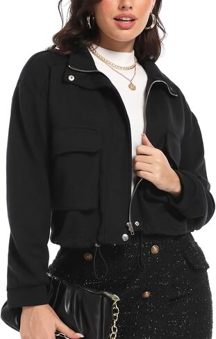MISS MOLY Women Cropped Shacket Jacket Zip Up Military Casual Bomber Jacket Oversized Utility Anorak Coat with Pockets in Kuwait
