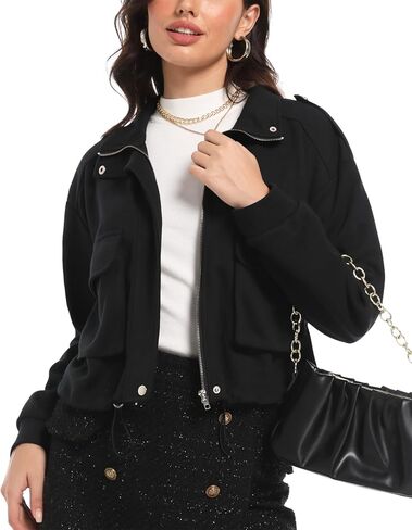 MISS MOLY Women Cropped Shacket Jacket Zip Up Military Casual Bomber Jacket Oversized Utility Anorak Coat with Pockets in Kuwait