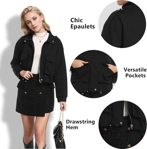 MISS MOLY Women Cropped Shacket Jacket Zip Up Military Casual Bomber Jacket Oversized Utility Anorak Coat with Pockets in Kuwait