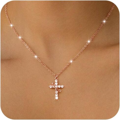 Cross Necklace for Women, Dainty 14k Gold Plated/Silver Cross Crown Cubic Zirconia Pendant Necklace for Women Trendy Non Tarnish Gold/Silver/Rose Gold Simple Necklace Fashion Jewelry for Women in Kuwait
