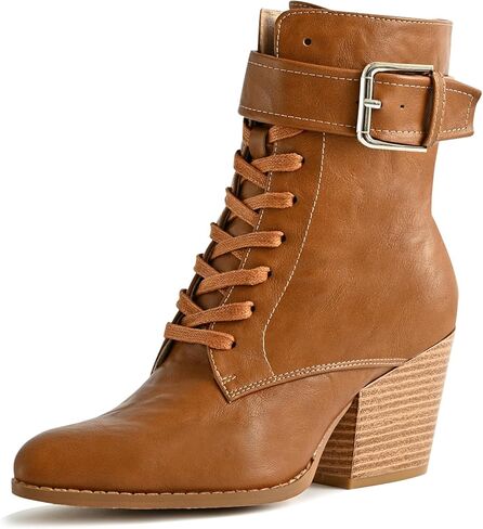 أحذية الكاحل للنساء بكعب مكتنز أحذية برباط مع سحاب جانبي وحزام بإبزيم بمقدمة مدببة أحذية مريحة كاجوال للسيدات للعمل in Kuwait