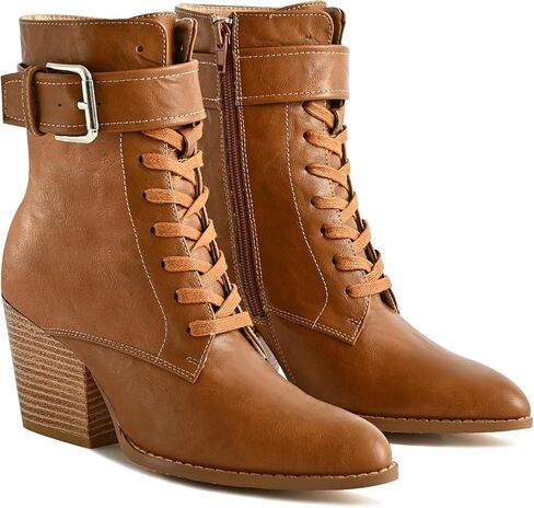 أحذية الكاحل للنساء بكعب مكتنز أحذية برباط مع سحاب جانبي وحزام بإبزيم بمقدمة مدببة أحذية مريحة كاجوال للسيدات للعمل in Kuwait