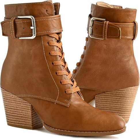 أحذية الكاحل للنساء بكعب مكتنز أحذية برباط مع سحاب جانبي وحزام بإبزيم بمقدمة مدببة أحذية مريحة كاجوال للسيدات للعمل in Kuwait