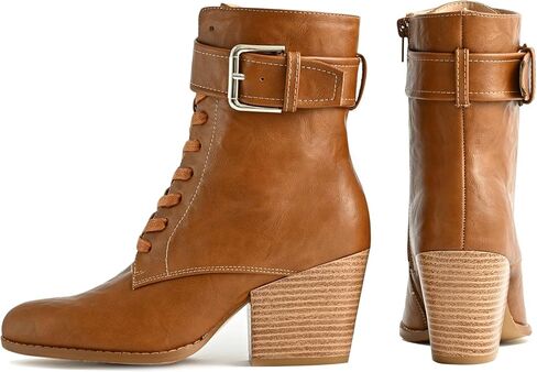 أحذية الكاحل للنساء بكعب مكتنز أحذية برباط مع سحاب جانبي وحزام بإبزيم بمقدمة مدببة أحذية مريحة كاجوال للسيدات للعمل in Kuwait