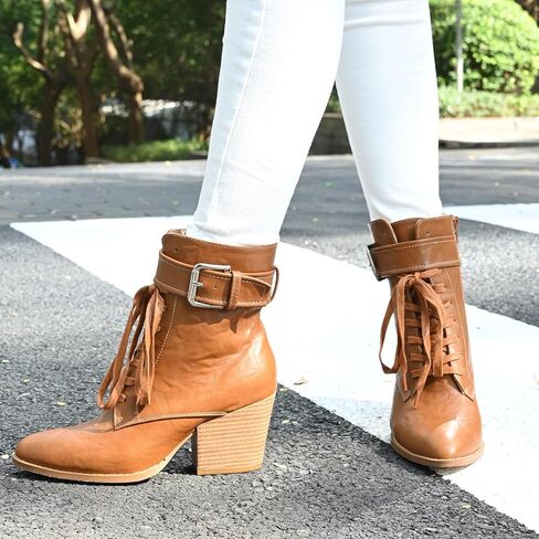 أحذية الكاحل للنساء بكعب مكتنز أحذية برباط مع سحاب جانبي وحزام بإبزيم بمقدمة مدببة أحذية مريحة كاجوال للسيدات للعمل in Kuwait