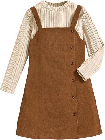 WDIRARA Girl's 2 Piece Corduroy Outfits Crew Neck Long Sleeve Sweater and Button Down Overall Dress Set in Saudi Arabia