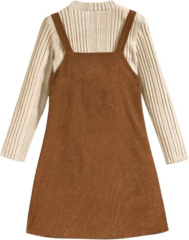 WDIRARA Girl's 2 Piece Corduroy Outfits Crew Neck Long Sleeve Sweater and Button Down Overall Dress Set in Saudi Arabia