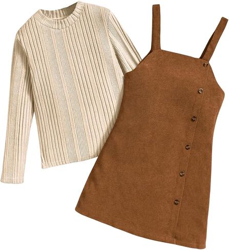 WDIRARA Girl's 2 Piece Corduroy Outfits Crew Neck Long Sleeve Sweater and Button Down Overall Dress Set in Saudi Arabia