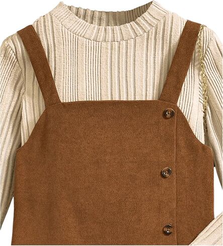 WDIRARA Girl's 2 Piece Corduroy Outfits Crew Neck Long Sleeve Sweater and Button Down Overall Dress Set in Saudi Arabia