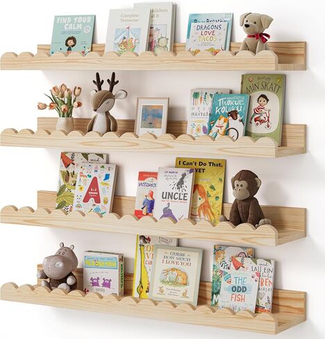 Nursery Book Shelves, 4-Pack White Floating Shelves for Wall Kids, Scalloped Shelves, Wall Book Shelves for Bedroom Kids, Toddler Room, Baby Room, Nursery Decor in Saudi Arabia