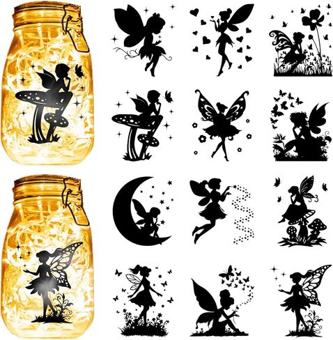 CREATCABIN 12Pcs Fairy Silhouettes Mason Jar Decor PVC Laser Die Cut Scrapbook Fairies Cardboard Cutouts Silhouette Ornament for DIY Light Lamp Jar Glass Decoration Supplies Black 4x3.5Inch-No Sticker in Saudi Arabia