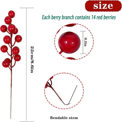 24 Pcs Artificial Red Berry Stems Christmas Holly Berries Branches Fake Red Berry Picks for Christmas Tree Decorations Crafts Wreath and Table Decor (Red) in Saudi Arabia
