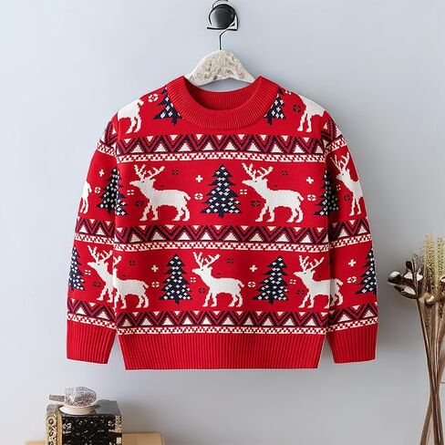 Merry Christmas Kids Sweater, Snowflake Print Long Sleeve Top, Green Knitwear with Bear in Saudi Arabia