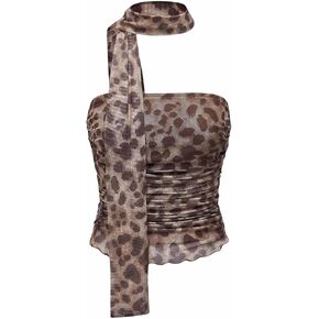 Women's Leopard Print Tube Top Cheetah Print Top Ruched Strapless Mesh Halter Tops for Women Going Out Party