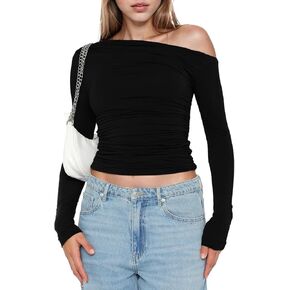Off The Shoulder Long Sleeve Top for Women Slim Fit Boat Neck Going Out Crop Tops Blouses Y2K