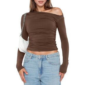 Off The Shoulder Long Sleeve Top for Women Slim Fit Boat Neck Going Out Crop Tops Blouses Y2K