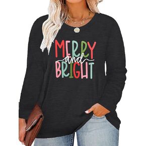 Plus Size Christmas Shirt Women Merry and Bright Christmas T Shirt Xmas Holiday Long Sleeve Fall Tops 2X-5X