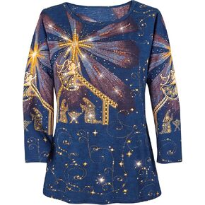 Collections Etc Women's Peaceful Nativity Scene Long Sleeve Top Navy Medium