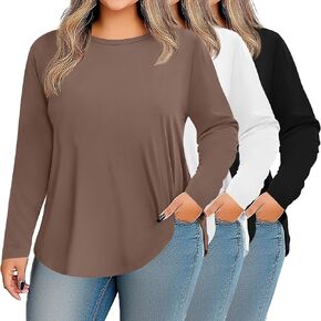 Ficerd 3 Pack Womens Plus Size Long Sleeve Tops Crew Neck Loose Fit T Shirt Stretchy Casual Winter Tops Basic Tees Shirts