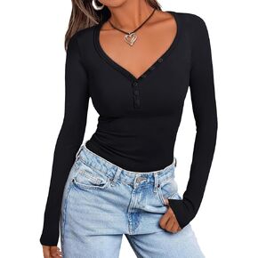 Prettywear Women Long Sleeve Henley Shirts V Neck Button Tight Slim Fitted Top Going Out Tees 2024 Trendy Fall