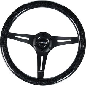 NRG Innovations NRG-ST-015BK-BSB Classic Wood Grain Steering Wheel, 350mm 25mm Deep, 3 black Spokes-Black Sparkled Color