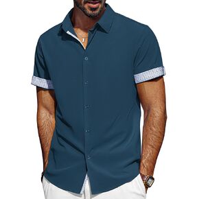PJ PAUL JONES Mens Casual Button Down Shirts Short Sleeve Wrinkle Free Summer Beach Shirt Plaid Contrast Shirt with Flip Cuff
