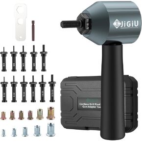 JiGiU Cordless Rivet Nut Drill Adapter Kit Electric Rivet Gun Adapter with 11 Mandrels & 100PCS Nuts Easy to Install Electric Nut Gun Adapter for Mechanical Automobile Maintenance with Carrying Case