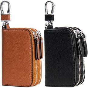 2 Pack Double Zipper Car Key Case, Retro Leather Car Key Fob Holder, Women Key Organizer with Metal Hook Keyring, Mens Vintage Key Coin Bag Black Brown